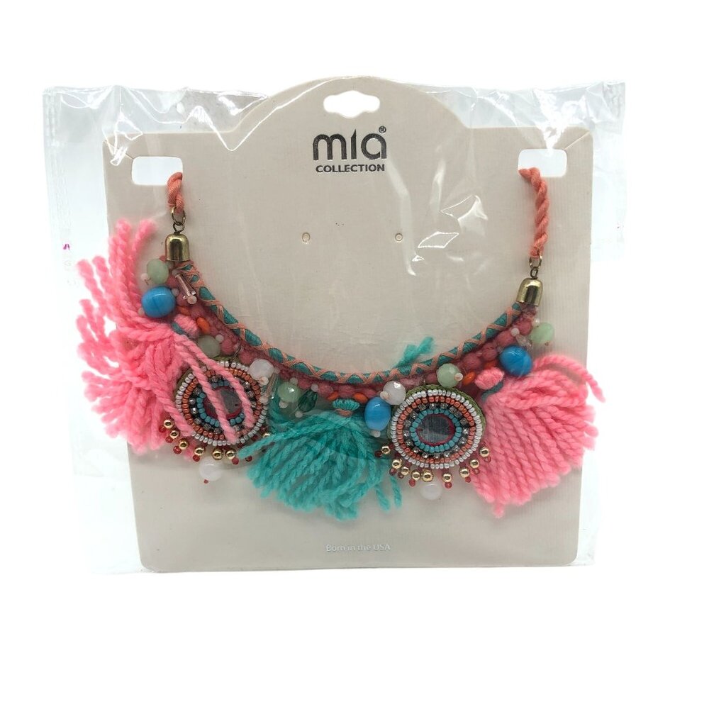 Mia Collection Colorful Statement Necklace With Pom-Poms & Beads Boho Tassel Fes